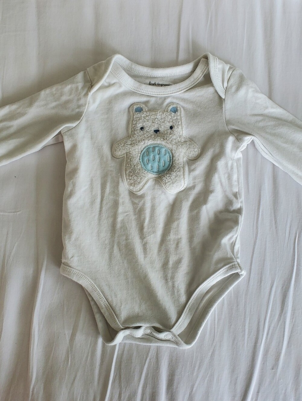 First Impressions Long-Sleeve One-Piece Baby Onesie with Blue Bear Appliqué